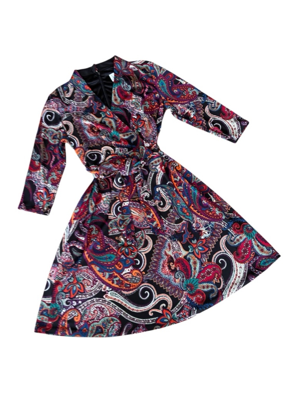 Nicole Miller Studio Faux Wrap Dress Women’s Multicolor Paisley 3/4 Sleeve Sz 6
